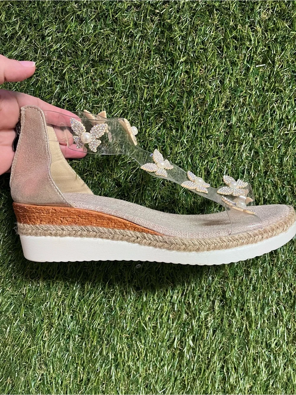 Beige Pearl Butterfly Espadrille Wedge Sandal